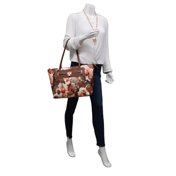 Adrienne Vittadini Brown Botanical Gardens Lock Tote Large Handbag - Picture 2 of 12